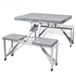 Conjunto mesa campismo c/ 4 bancos alumínio extra cinza-claro