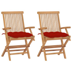 Cadeiras de jardim c/ almofadões vermelhos 2 pcs teca maciça