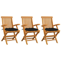 Cadeiras de jardim c/ almofadões pretos 3 pcs teca maciça