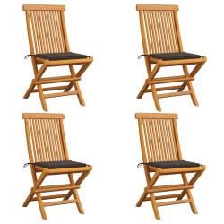 Cadeiras de jardim c/ almofadões cinza-acast. 4 pcs teca maciça