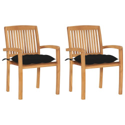 Cadeiras de jardim c/ almofadões pretos 2 pcs teca maciça