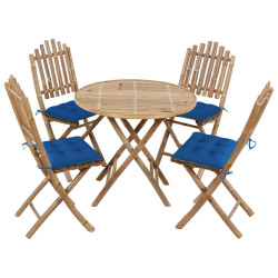 5 Pcs conj. de jantar dobrável c/ almofadões p/ exterior bambu