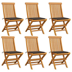 Cadeiras de jardim c/ almofadões cinza-acast. 6 pcs teca maciça