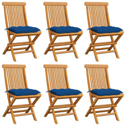 Cadeiras de jardim c/ almofadões azuis 6 pcs teca maciça