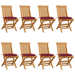 Cadeiras jardim c/ almofadões vermelho tinto 8 pcs teca maciça