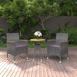 3 Pcs conjunto de jantar para jardim vime PE cinzento