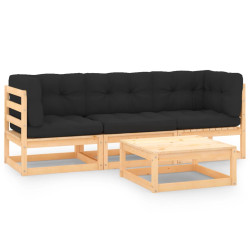 4 Pcs conjunto lounge de jardim c/ almofadões pinho maciço