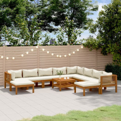 11 Pcs conjunto lounge jardim c/ almofadões creme acácia maciça