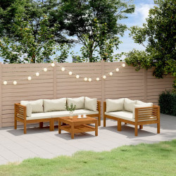 6 Pcs conjunto lounge jardim c/ almofadões creme acácia maciça