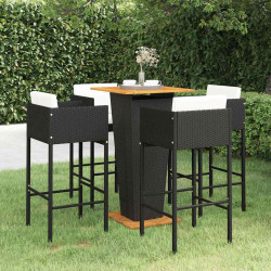 5 Pcs conjunto de bar p/ jardim c/ almofadões vime PE preto