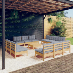 13 Pcs conjunto lounge de jardim c/ almofadões cinzentos pinho