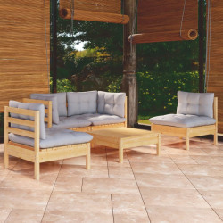 5 Pcs conjunto lounge de jardim + almofadões cinza pinho maciço
