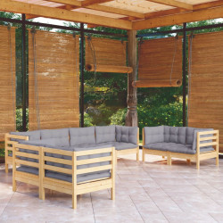 8Pcs conjunto lounge de jardim c/ almofadões cinza pinho maciço