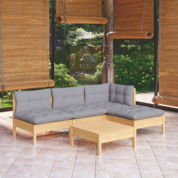 5 Pcs conjunto lounge de jardim c/ almofadões cinzentos pinho