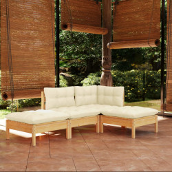 4 Pcs conjunto lounge jardim c/ almofadões creme pinho maciço
