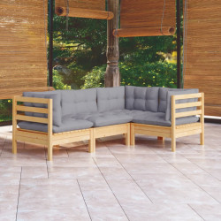 4 Pcs conjunto lounge de jardim c/ almofadões cinza pinho