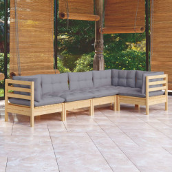 5 Pcs conjunto lounge de jardim c/ almofadões cinza pinho