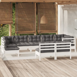 9 Pcs conj. lounge de jardim c/ almofadões pinho maciço branco