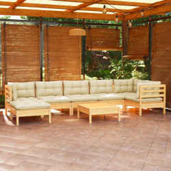 8 Pcs conjunto lounge jardim c/ almofadões creme pinho maciço