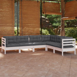 6 Pcs conj. lounge de jardim c/ almofadões pinho maciço branco