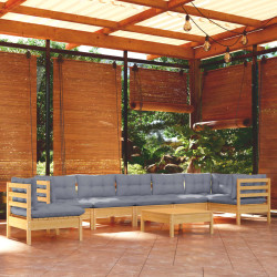 9 Pcs conjunto lounge de jardim + almofadões cinza pinho maciço