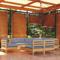 10Pcs conjunto lounge de jardim + almofadões cinza pinho maciço