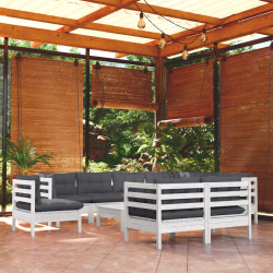 10 Pcs conj. lounge de jardim c/ almofadões pinho maciço branco