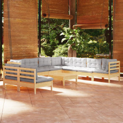 10Pcs conjunto lounge de jardim + almofadões cinza pinho maciço