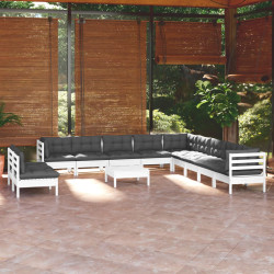 12 Pcs conj. lounge de jardim c/ almofadões pinho maciço branco