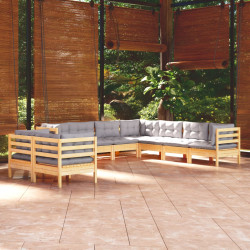 9 Pcs conjunto lounge de jardim + almofadões cinza pinho maciço