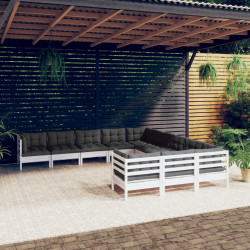 11 Pcs conjunto lounge de jardim c/ almofadões pinho branco