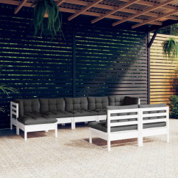 9 Pcs conjunto lounge de jardim c/ almofadões pinho branco