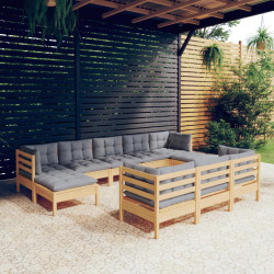 10Pcs conjunto lounge de jardim + almofadões cinza pinho maciço