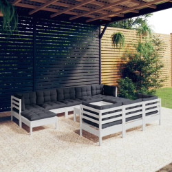 11 Pcs conj. lounge de jardim c/ almofadões pinho maciço branco