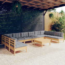 11Pcs conjunto lounge de jardim + almofadões cinza pinho maciço