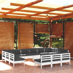 14 Pcs conj. lounge de jardim c/ almofadões pinho maciço branco