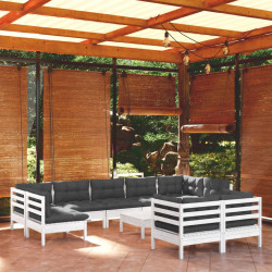 10 Pcs conj. lounge de jardim c/ almofadões pinho maciço branco