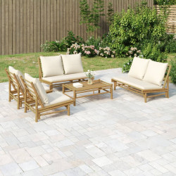 5 Pcs conjunto lounge de jardim bambu c/ almofadões branco nata