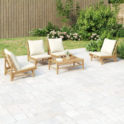 5 Pcs conjunto lounge de jardim bambu c/ almofadões branco nata
