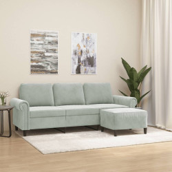 Sofá de 3 lugares com apoio de pés 180 cm veludo cinzento-claro