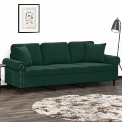 Sofá 3 lug. c/ almofadas decorativas 180 cm veludo verde-escuro