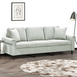 Sofá 3 lugares + almofadas decorativas 180cm veludo cinza-claro