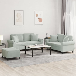 3 Pcs conjunto de sofás com almofadas veludo cinzento-claro