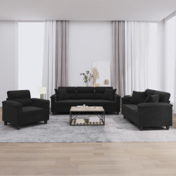 3 Pcs conjunto sofás c/ almofadas tecido de microfibra preto