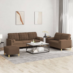 3 Pcs conjunto de sofás com almofadas tecido castanho
