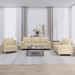 3 Pcs conjunto de sofás com almofadas tecido cor creme