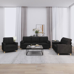 3 Pcs conjunto de sofás com almofadas tecido preto