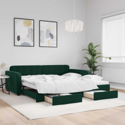 Sofá-cama c/ gavetão e gavetas 100x200 cm veludo verde-escuro