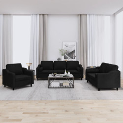 3 Pcs conjunto de sofás com almofadas tecido preto