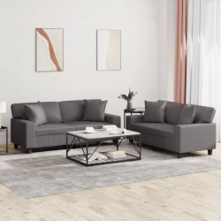 2 Pcs conjunto de sofás com almofadas couro artificial cinzento
